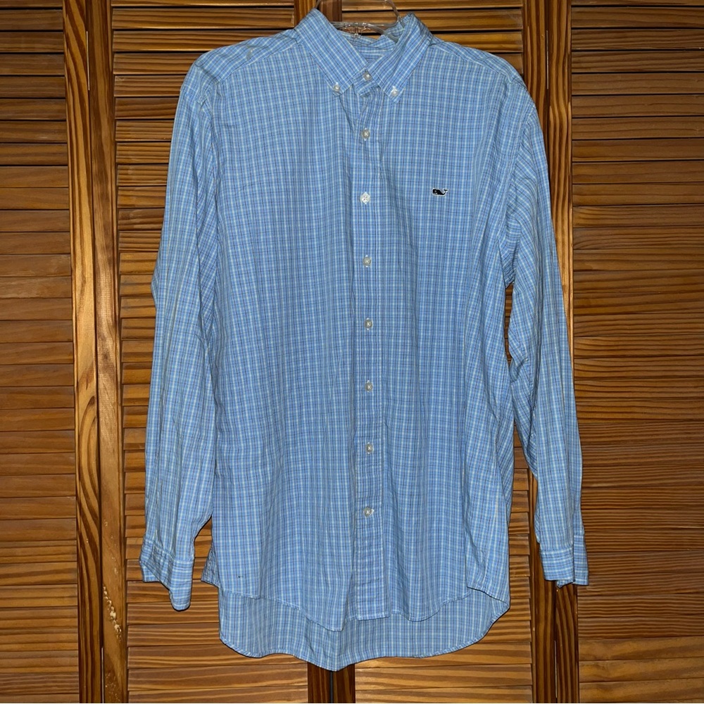 Vineyard Vines Cotton Whale Long Sleeve Button Down Blue Yellow Plaid Shirt Med - Picture 1 of 11